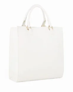 LAURA BIAGIOTTI - Borsa due manici bianca con borchie, pennacchi con frange e cinturino con lucchetto, tracolla removibile