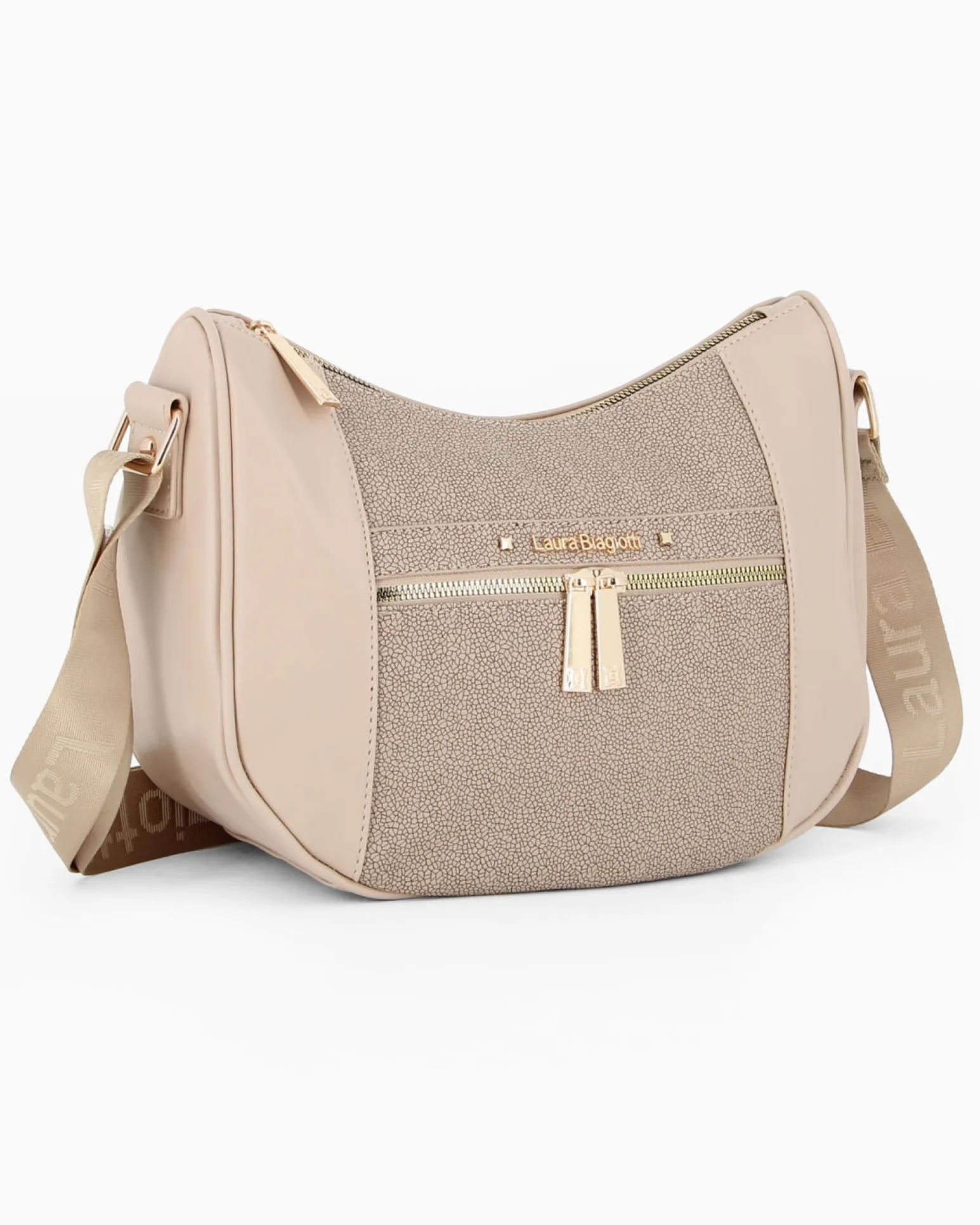 LAURA BIAGIOTTI - Borsa mezzaluna terra con tasca frontale e posteriore e inserto centrale tortora