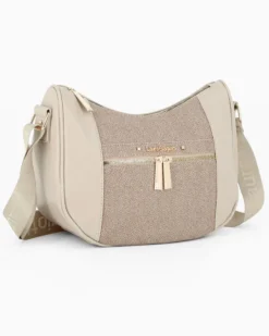 LAURA BIAGIOTTI - Borsa mezzaluna naturale con tasca frontale e posteriore e inserto centrale tortora