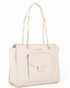 LAURA BIAGIOTTI - Borsa shopping naturale con tasca frontale con patta e chiusura logo a incasso