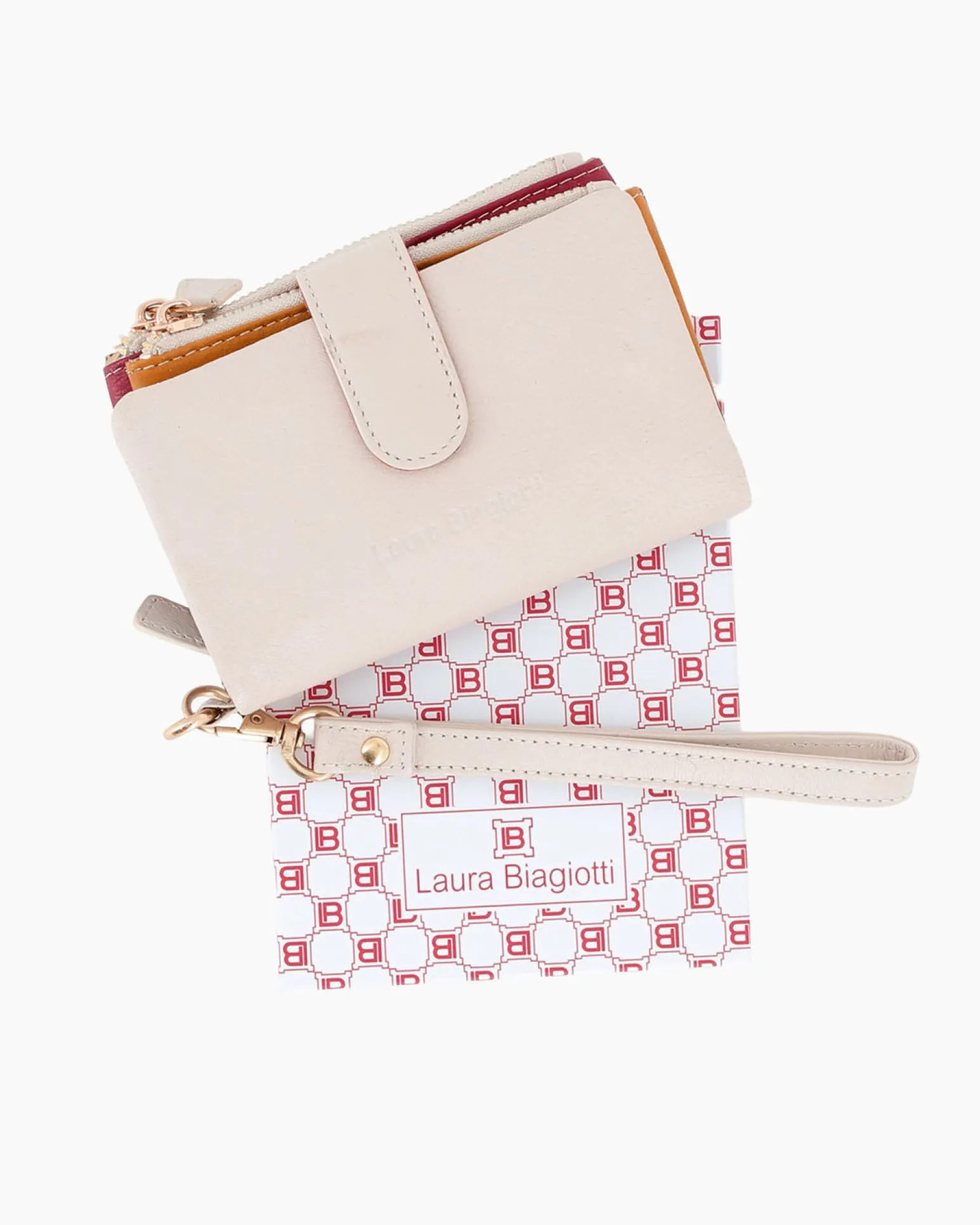LAURA BIAGIOTTI - Portafoglio beige in VERA PELLE da donna con pattina e polsiera removibile