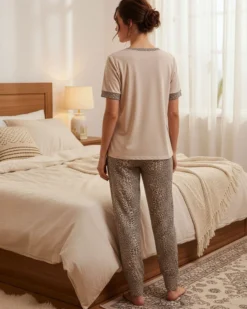 LORMAR - PIGIAMA BIEGE MACULATO MEZZA MANICA DA DONNA IN VISCOSA LEGGERA