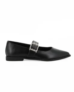 MISS GLOBO - Ballerina nera a punta con sottopiede in memory foam e cinturino frontale con fibbia