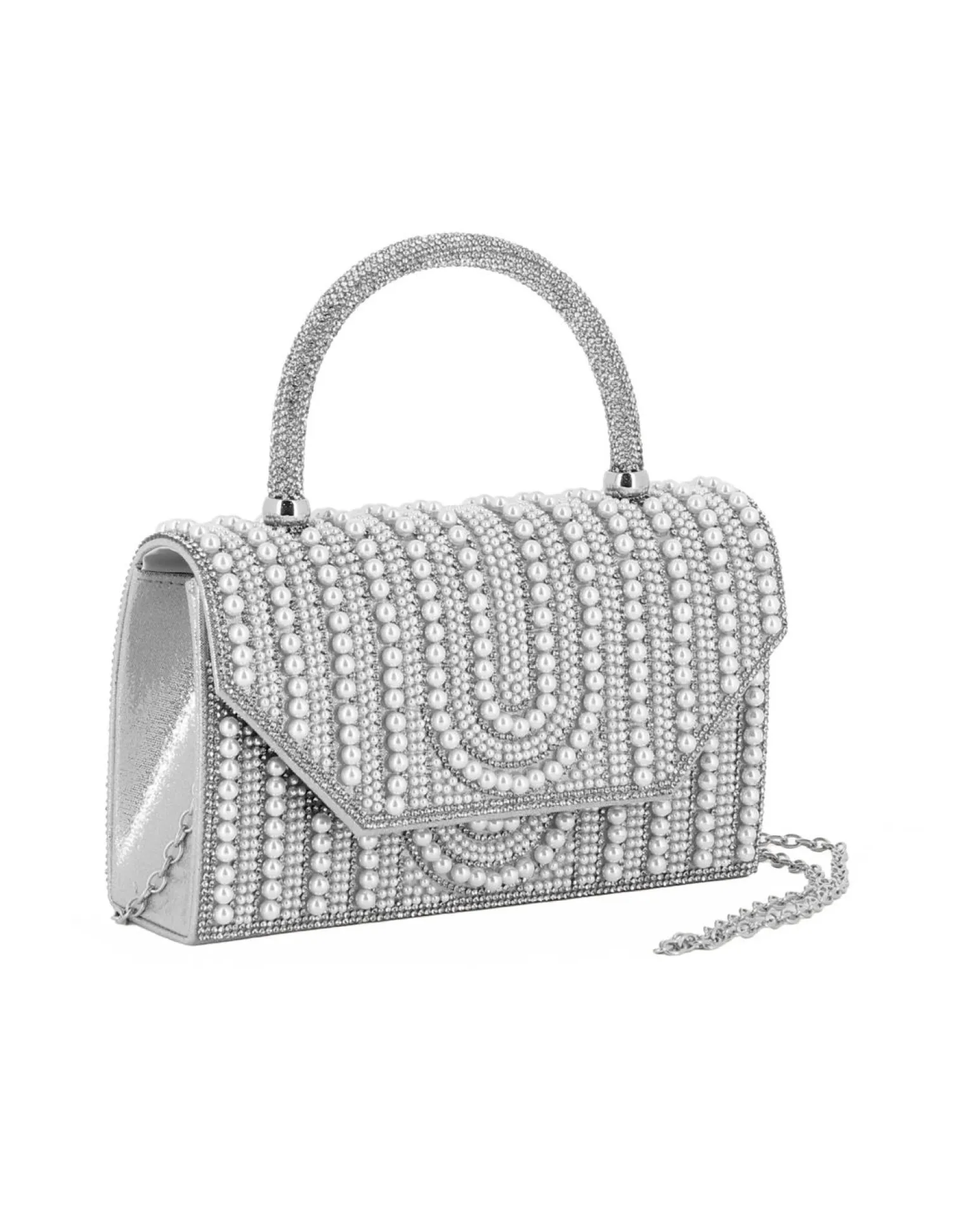 MISS GLOBO - Borsa pochette argento rivestita di perle e manico di strass per cerimonie