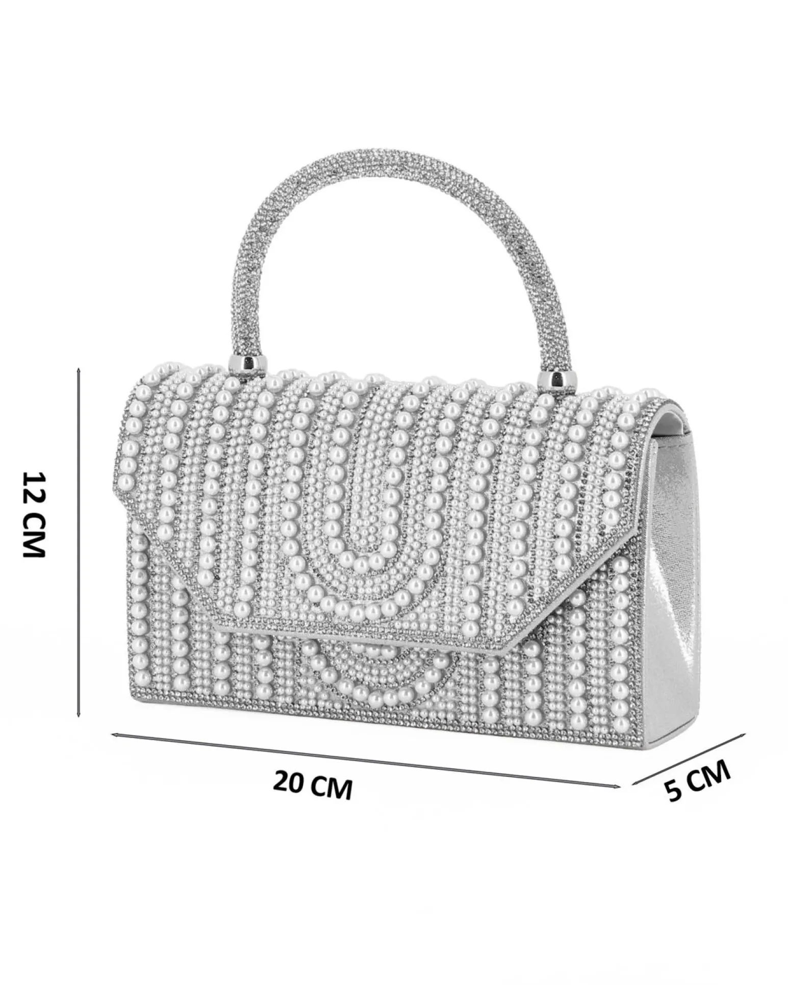MISS GLOBO - Borsa pochette argento rivestita di perle e manico di strass per cerimonie