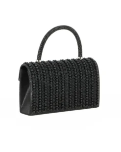 MISS GLOBO - Borsa pochette nera rivestita di perle e manico di strass per cerimonie