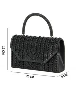 MISS GLOBO - Borsa pochette nera rivestita di perle e manico di strass per cerimonie