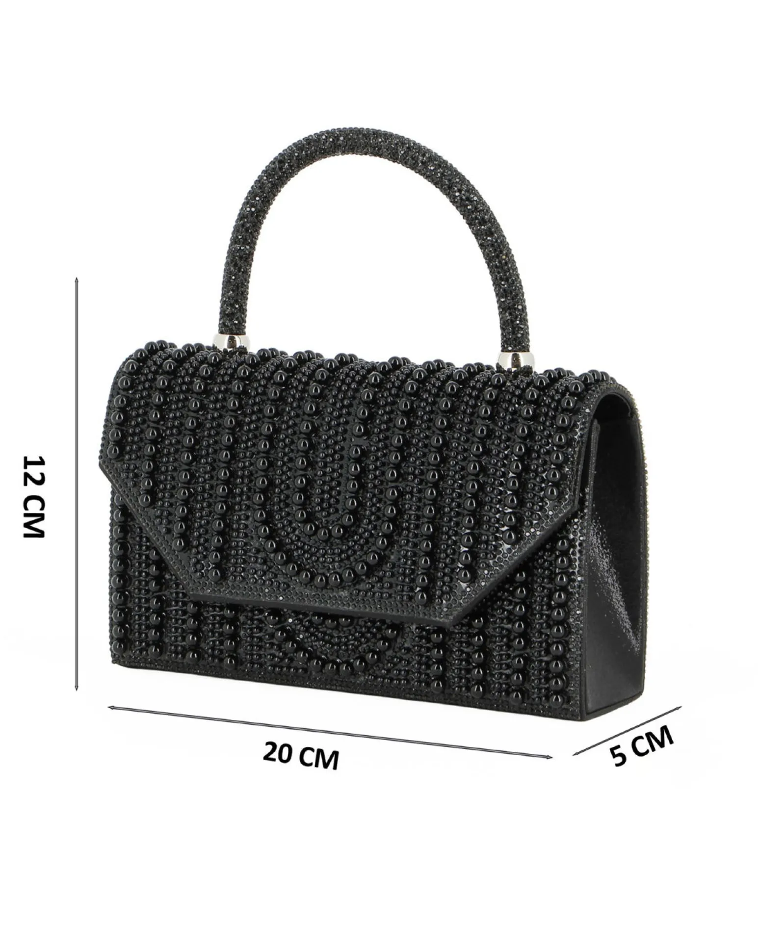 MISS GLOBO - Borsa pochette nera rivestita di perle e manico di strass per cerimonie