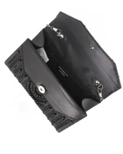 MISS GLOBO - Borsa pochette nera rivestita di perle e manico di strass per cerimonie