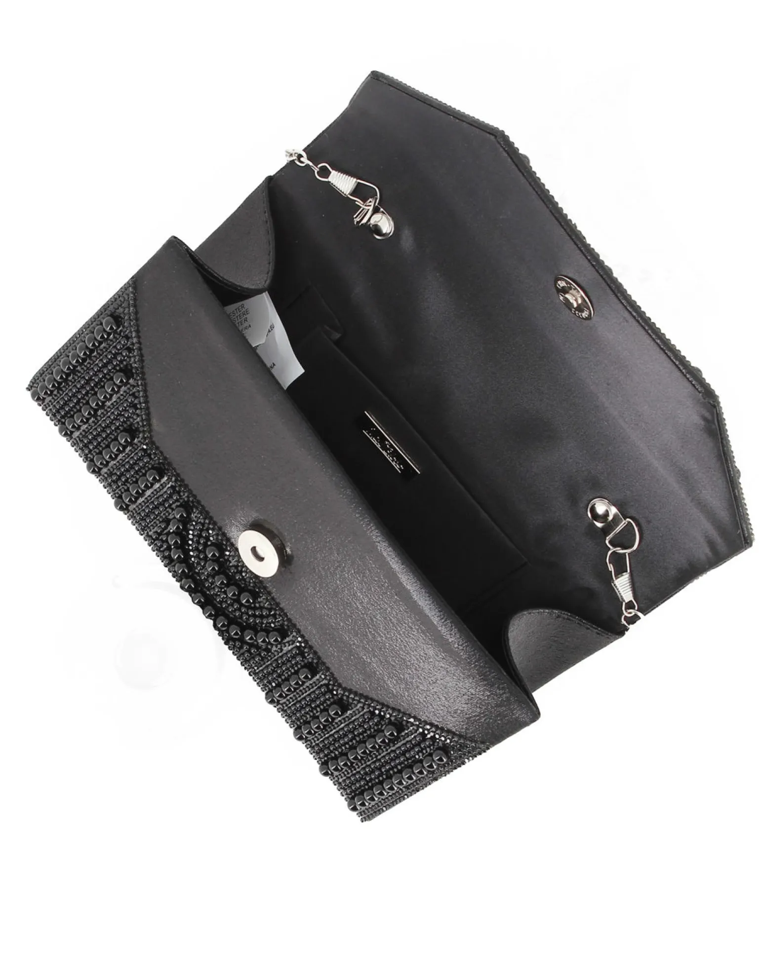 MISS GLOBO - Borsa pochette nera rivestita di perle e manico di strass per cerimonie