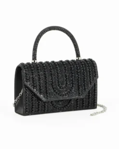MISS GLOBO - Borsa pochette nera rivestita di perle e manico di strass per cerimonie