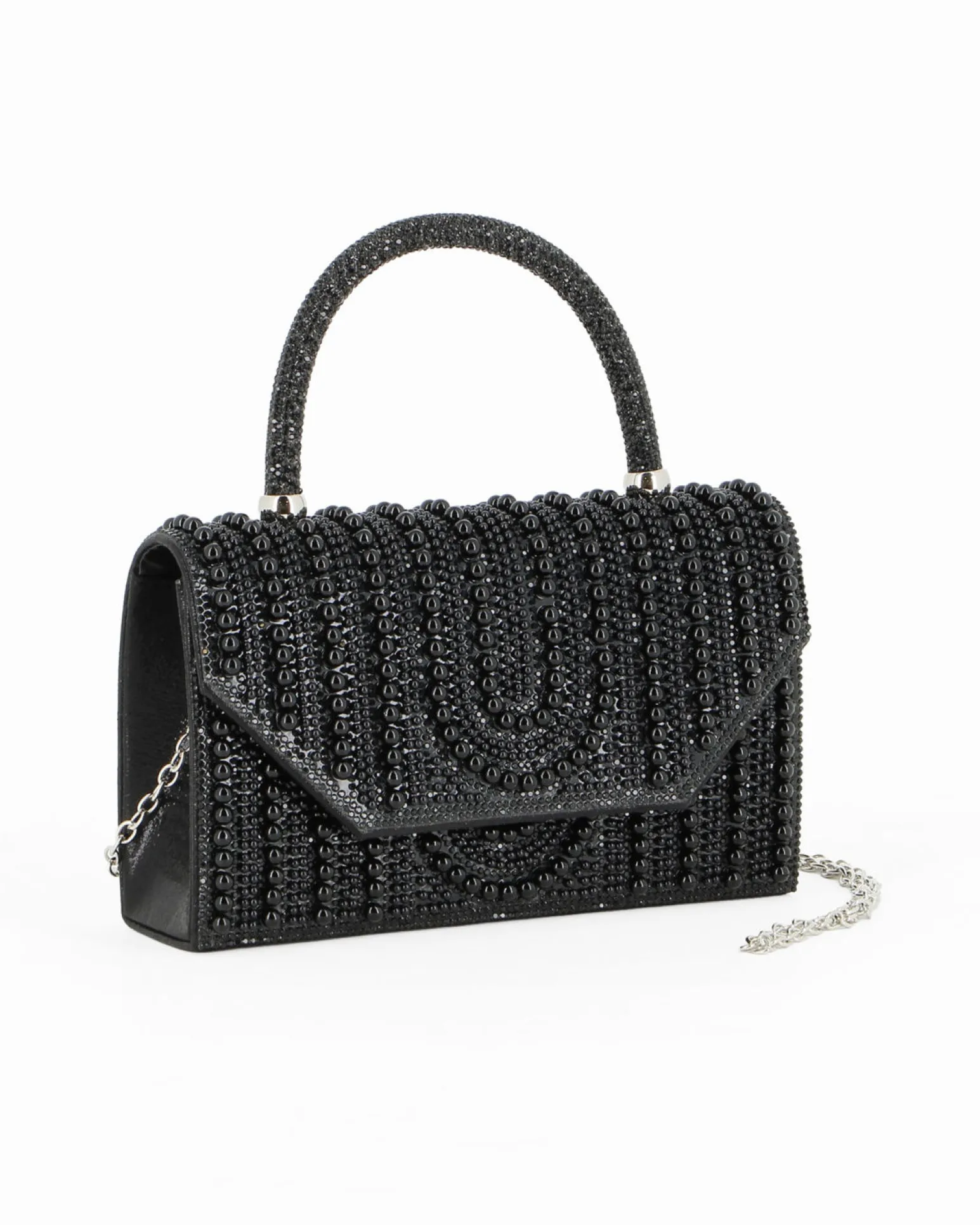MISS GLOBO - Borsa pochette nera rivestita di perle e manico di strass per cerimonie