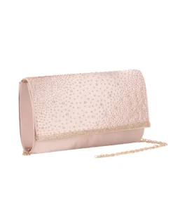 MISS GLOBO - Borsa pochette nude in raso con strass sulla patta e stecca in metallo di strass