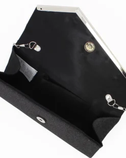 MISS GLOBO -Bustina shiny glitter nera con patta a punta obliqua e inserto in metallo