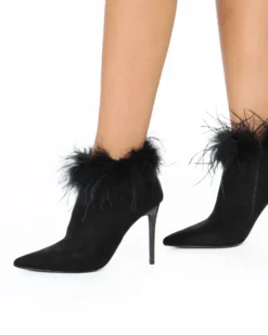 MISS GLOBO COUTURE - Tronchetto nero scamosciato a punta con piume e zip laterale, tacco 10CM