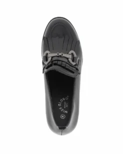 MISS GLOBO - Mocassino nero effetto vernice con morsetto e frange, sottopiede in memory soft