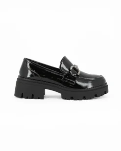 MISS GLOBO - Mocassino nero effetto vernice con sottopiede in memory soft e morsetto con strass, tacco 5CM