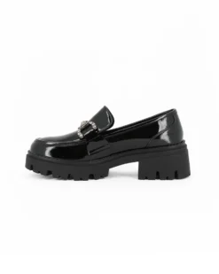 MISS GLOBO - Mocassino nero effetto vernice con sottopiede in memory soft e morsetto con strass, tacco 5CM
