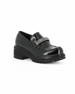 MISS GLOBO - Mocassino nero effetto vernice con morsetto in strass, tacco 5CM