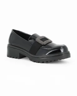 MISS GLOBO - Mocassino nero naplak con sottopiede memory soft e fascia elastica frontale con inserto metallico