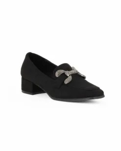 MISS GLOBO - Mocassino nero scamosciato con sottopiede in memory soft e morsetto con strass, tacco 3,5CM