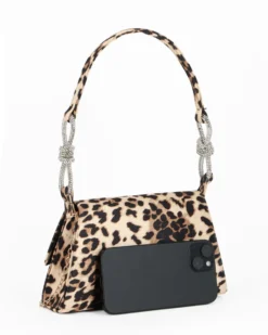 MISS GLOBO - Pochette maculata in raso con patta, nodi con strass sul manico, tracolla removibile