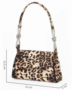 MISS GLOBO - Pochette maculata in raso con patta, nodi con strass sul manico, tracolla removibile