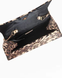 MISS GLOBO - Pochette maculata in raso con patta, nodi con strass sul manico, tracolla removibile