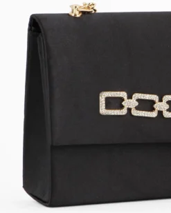 MISS GLOBO - Pochette nera in raso con catena in strass sulla patta