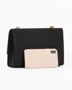 MISS GLOBO - Pochette nera in raso con catena in strass sulla patta