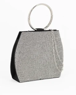 MISS GLOBO - POCHETTE RASO NERO CON STRASS E MANICI TONDI IN METALLO