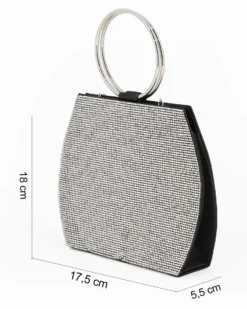 MISS GLOBO - POCHETTE RASO NERO CON STRASS E MANICI TONDI IN METALLO