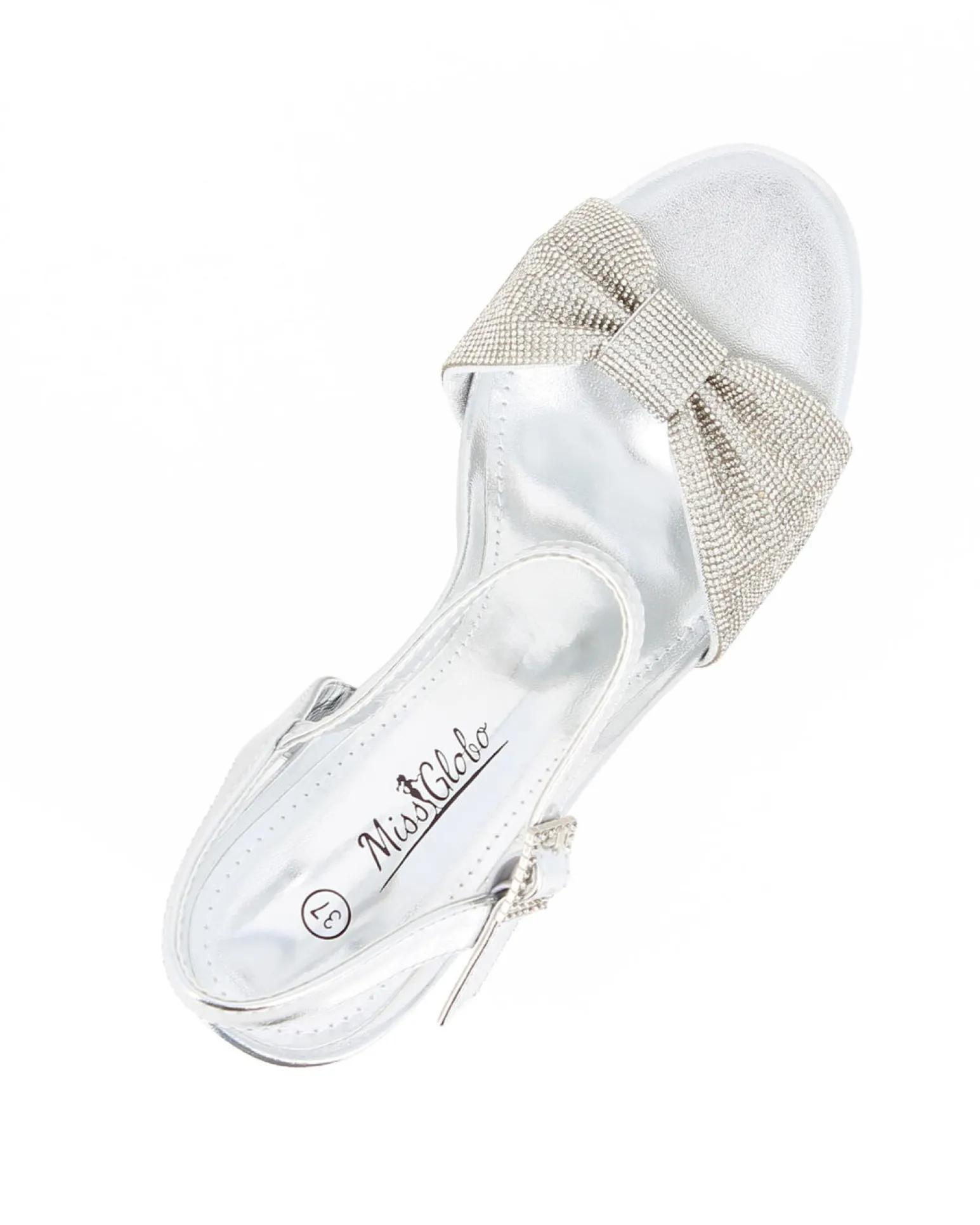 MISS GLOBO - Sandalo argento con nodo in strass, tacco 9CM