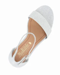 MISS GLOBO - Sandalo argento in lurex con sottopiede in VERA PELLE e cinturino alla caviglia, tacco 7CM