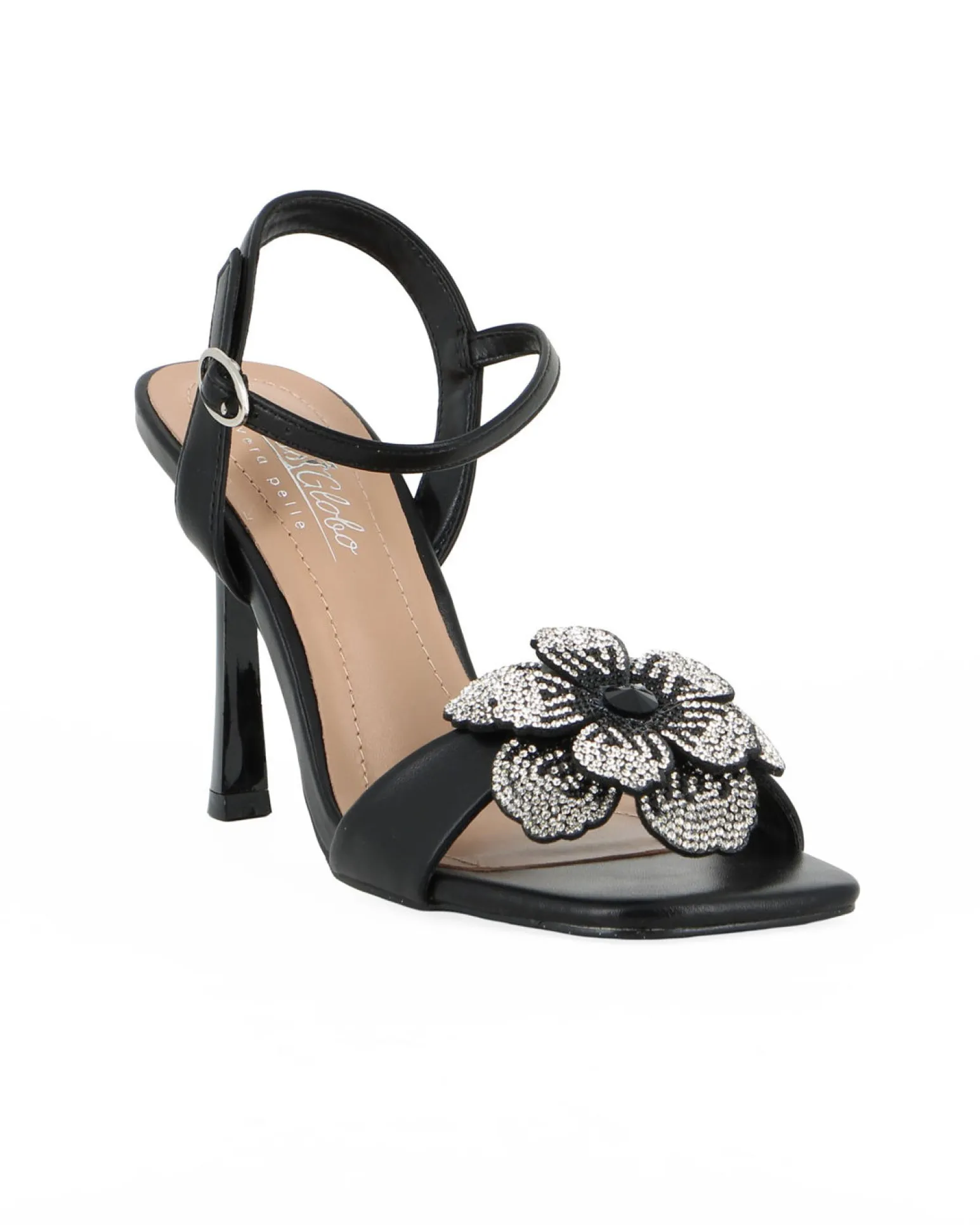 MISS GLOBO - Sandalo nero con sottopiede in VERA PELLE, punta quadrata e applicazione fiore in strass, tacco 9,5CM