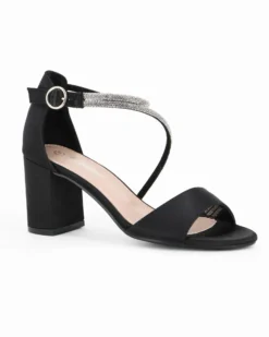 MISS GLOBO - Sandalo nero in raso con cinturini in strass, tacco 7CM