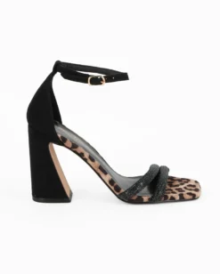 MISS GLOBO - Sandalo nero scamosciato con strass, punta quadrata leopardata e cinturino alla caviglia, tacco 8,5CM