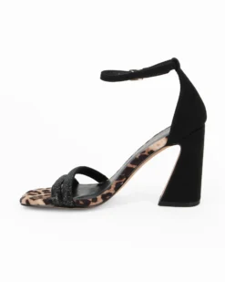 MISS GLOBO - Sandalo nero scamosciato con strass, punta quadrata leopardata e cinturino alla caviglia, tacco 8,5CM
