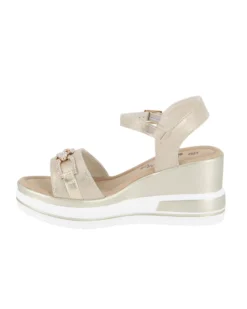 MISS GLOBO - Sandalo platform beige/cuoio con fascia intrecciata e cinturino alla caviglia