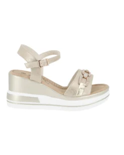 MISS GLOBO - Sandalo platform beige/cuoio con fascia intrecciata e cinturino alla caviglia