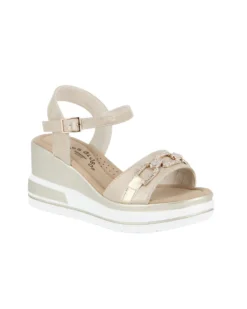 MISS GLOBO - Sandalo platform beige/cuoio con fascia intrecciata e cinturino alla caviglia