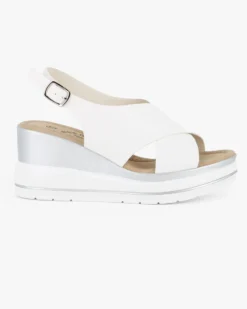 MISS GLOBO - Sandalo platform bianco con incrocio frontale e sottopiede in memory soft, zeppa 7,5CM