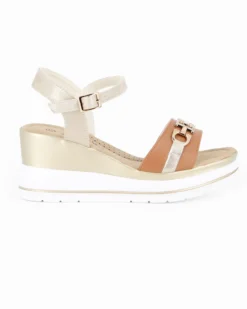 MISS GLOBO - Sandalo platform cuoio/beige con sottopiede in memory soft e morsetto con strass, zeppa 7CM