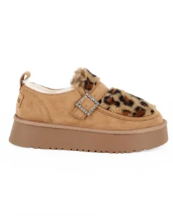 MISS GLOBO - Scarpa camel scamosciata con pelliccia leopardata e cinturino con fibbia