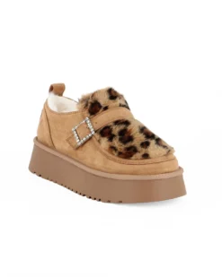 MISS GLOBO - Scarpa camel scamosciata con pelliccia leopardata e cinturino con fibbia