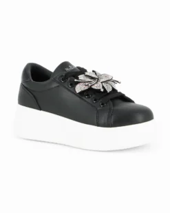 MISS GLOBO - Scarpa nera con fiore in strass e fondo bianco