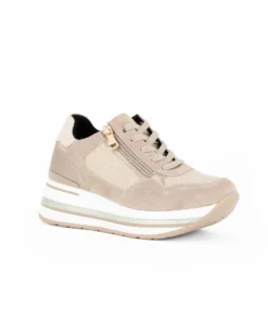 MISS GLOBO - Scarpa sneakers beige scamosciata in VERA PELLE con zeppa, lacci e zip laterale