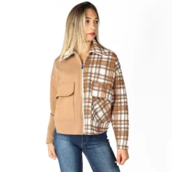 MY JEWELS - CAMICIA SCOZZESE BEIGE CON ZIP E TASCHE