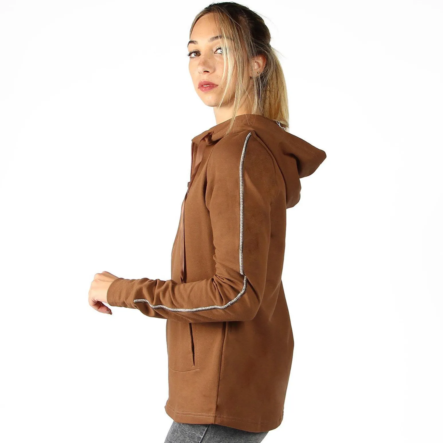 MY JEWELS - FELPA CAMEL FULL ZIP CON CAPPUCCIO E STRASS