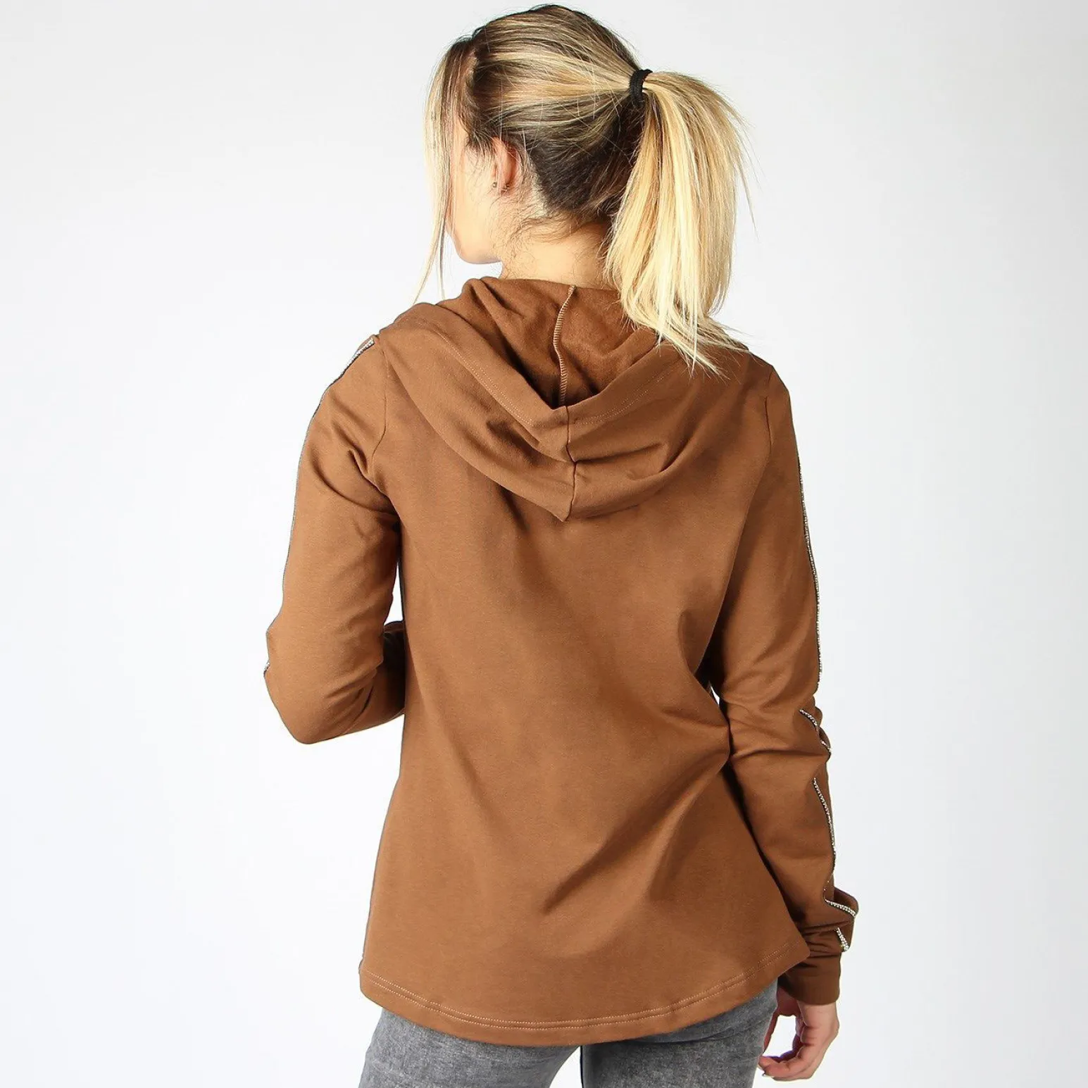 MY JEWELS - FELPA CAMEL FULL ZIP CON CAPPUCCIO E STRASS